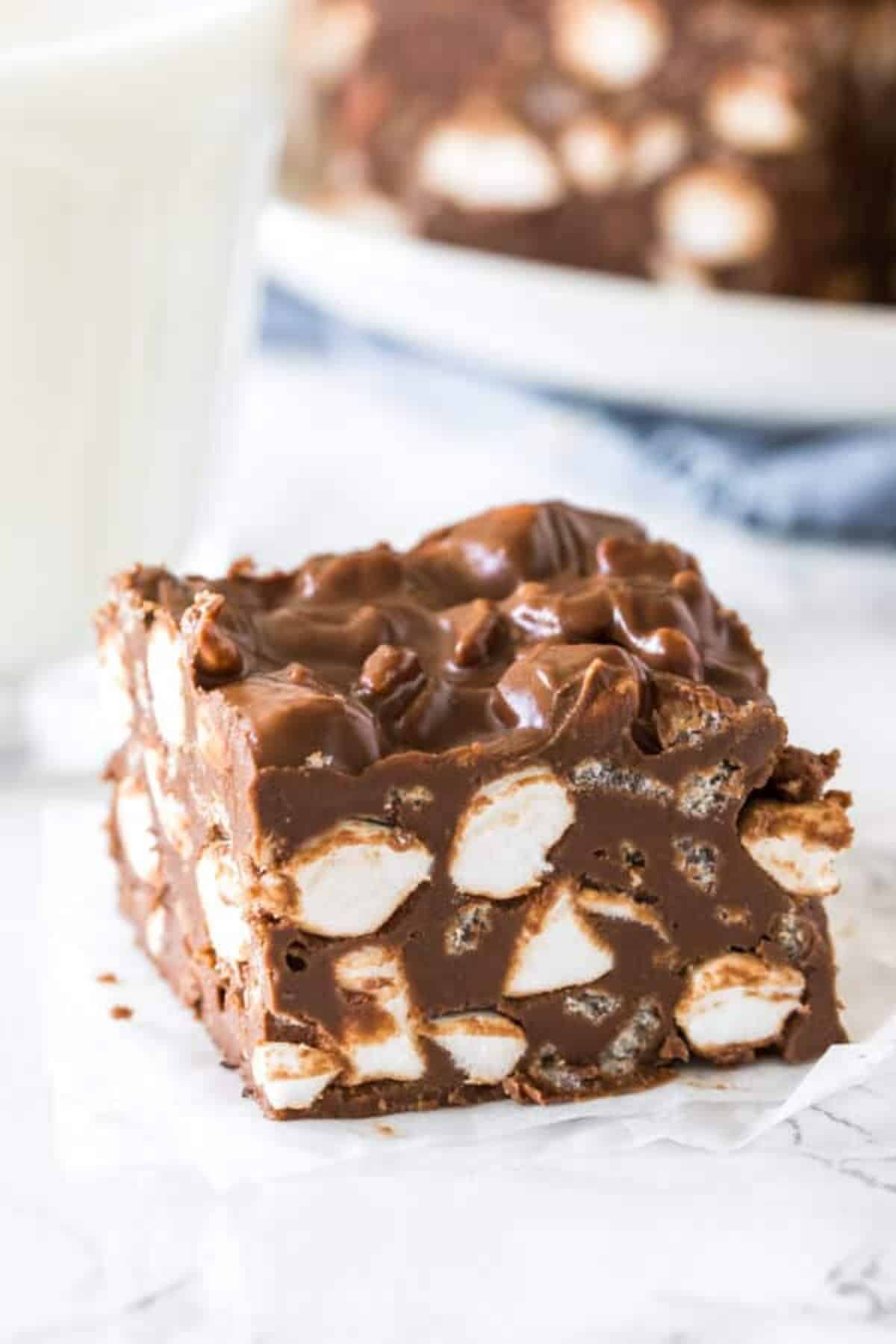 Delicious no bake rocky road bar on a countertop.