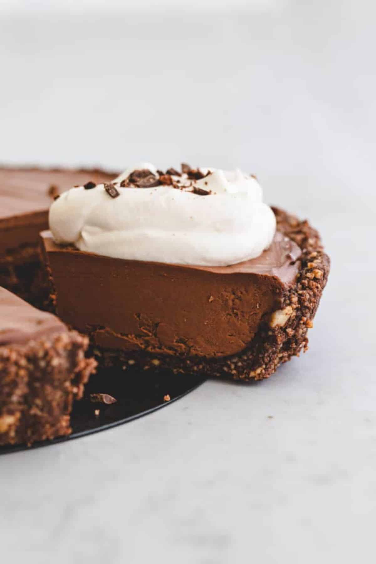 Delicious vegan chocolate pie on a tray.