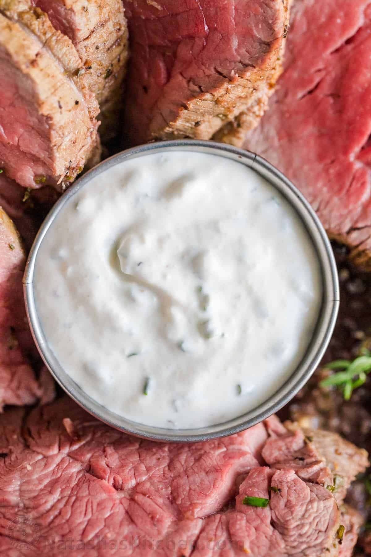 Zesty horseradish sauce in a bowl.