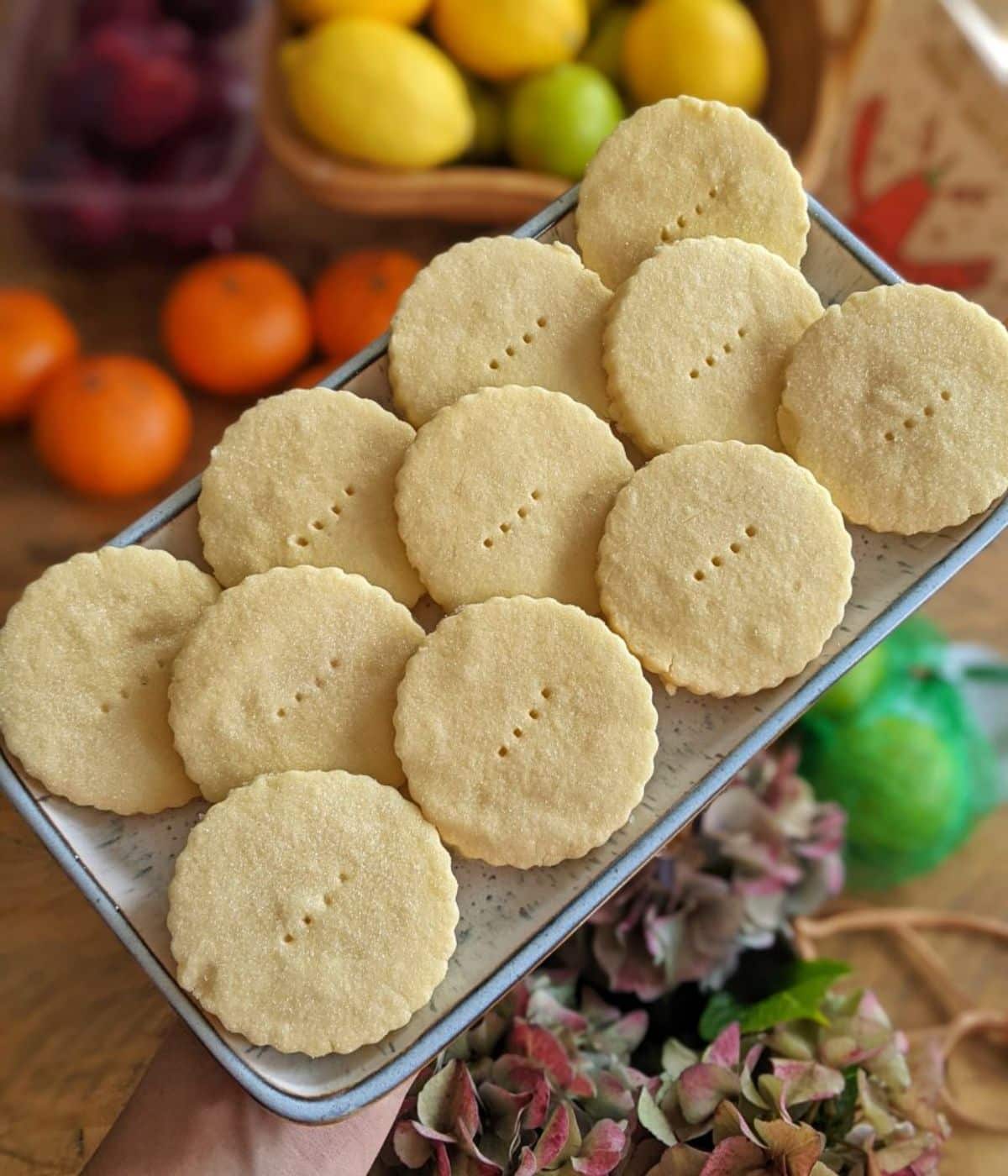 Crunchy shortbread cookies on a gray.