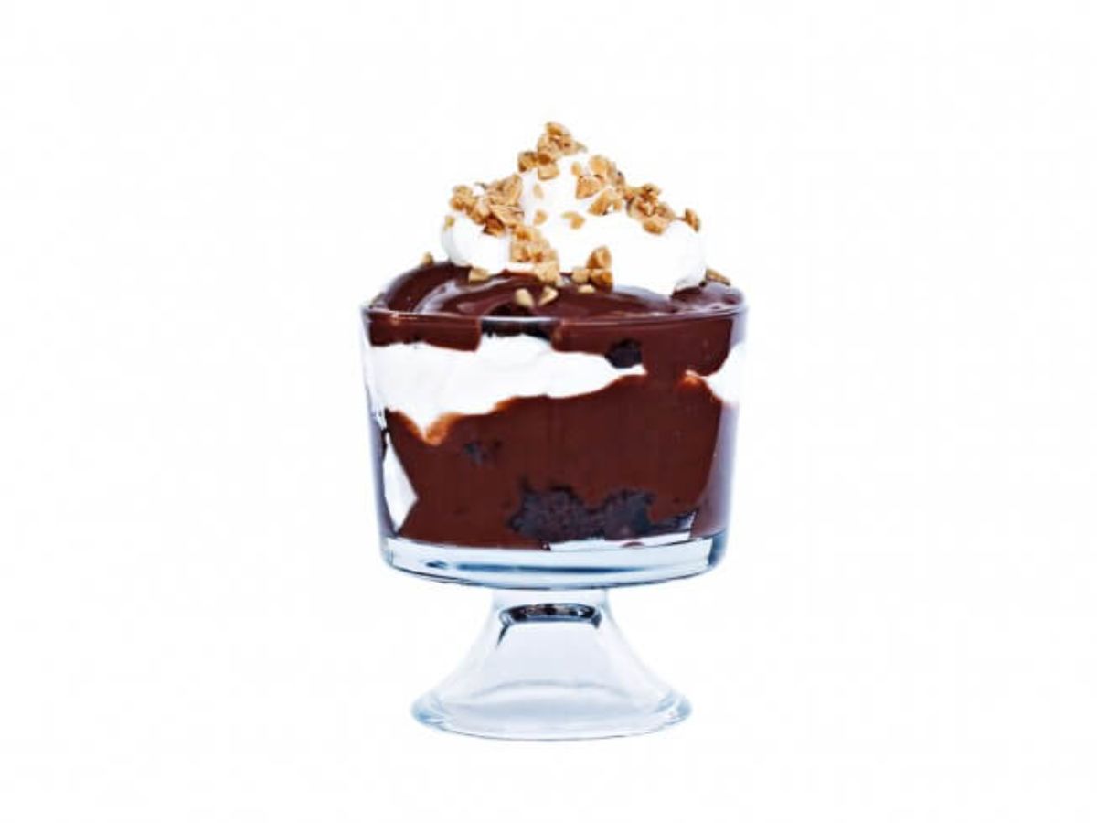 Tasty death by chocolate trifle dessert in a glass bowl.