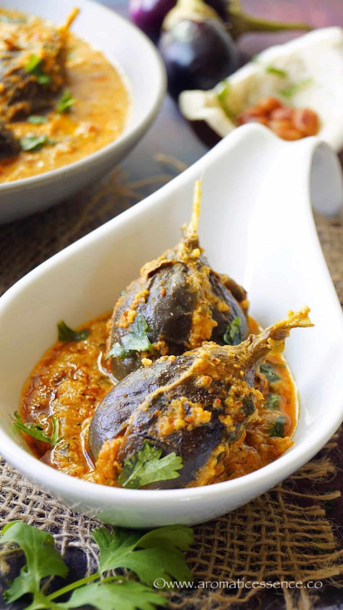 Juicy bharli vangi baby eggplant in a bowl.
