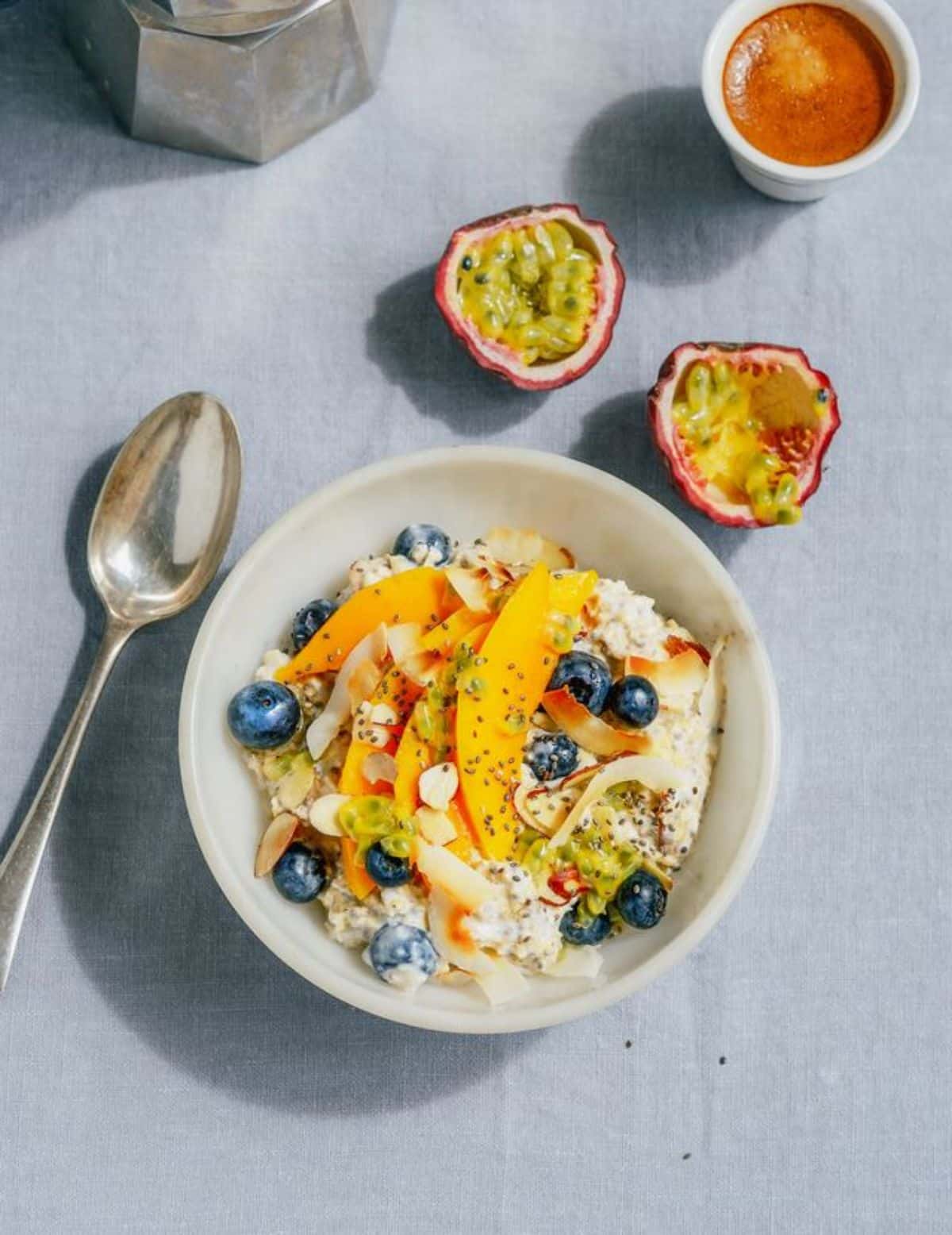 Healthy tropical muesliin a white bowl.