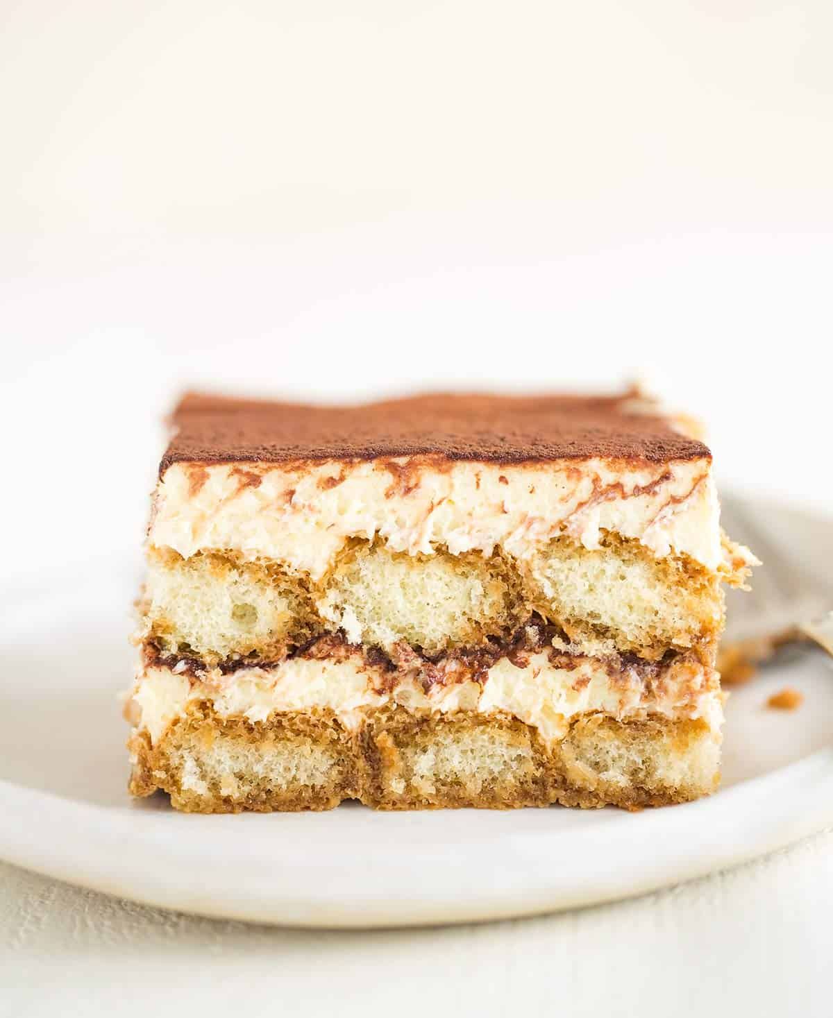 Mouth-watering kahlua coffee tiramisu on a plate.