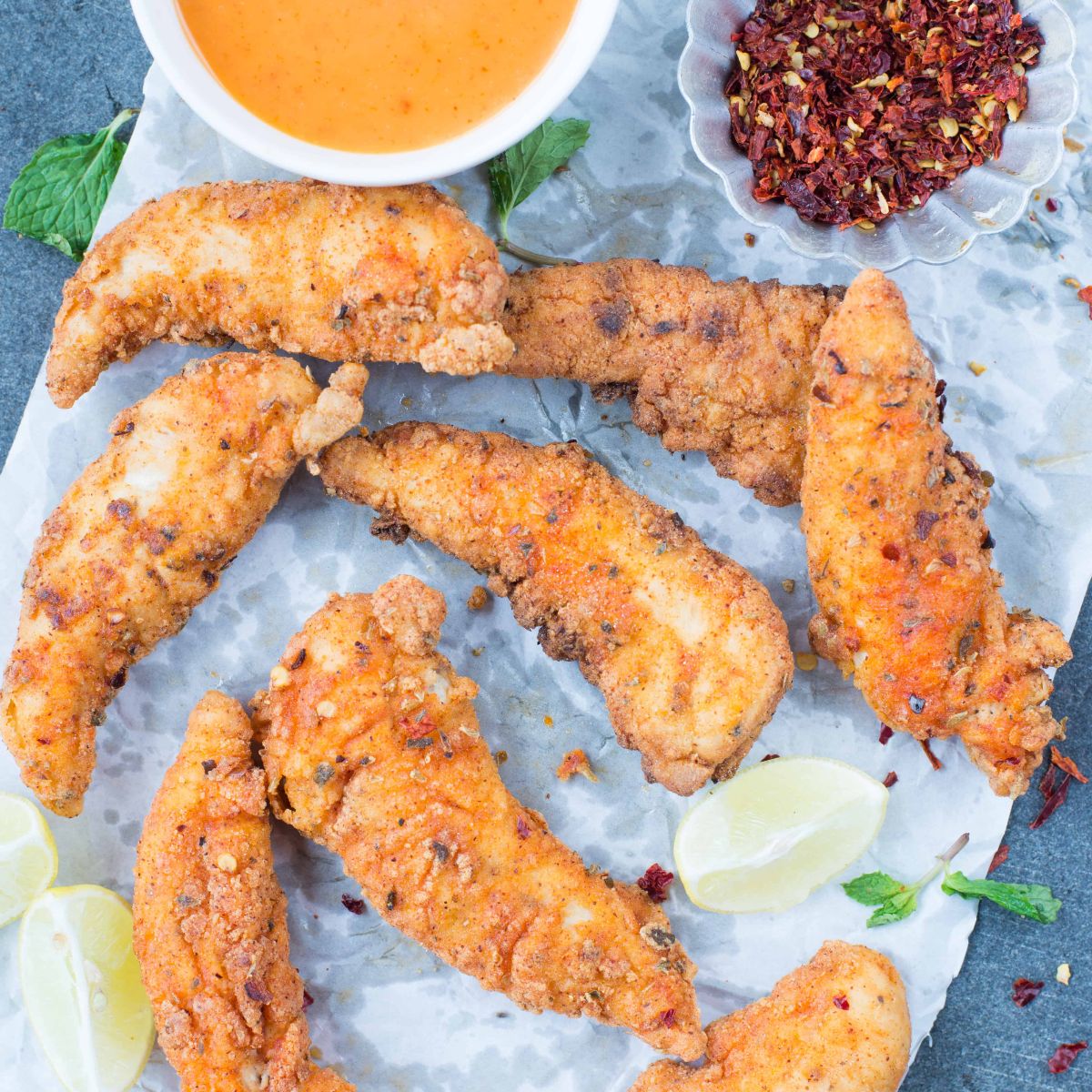 Crispy chicken tenders with a bowl of dip on a table.