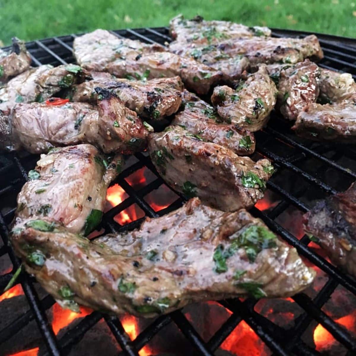Juicy chimichurri elk steaks on a grill.