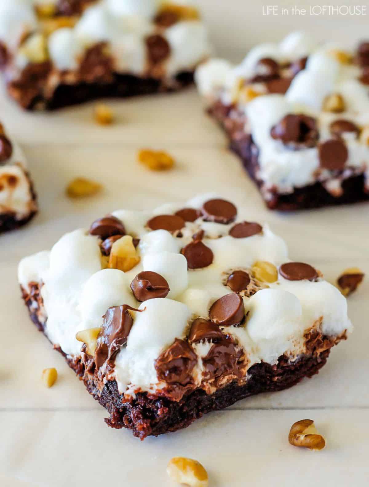 Delicious rocky road brownies on a table.