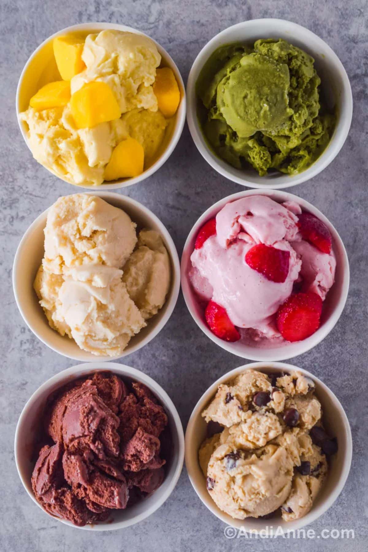Fresh tofu ice cream with six flavors in white bowls.