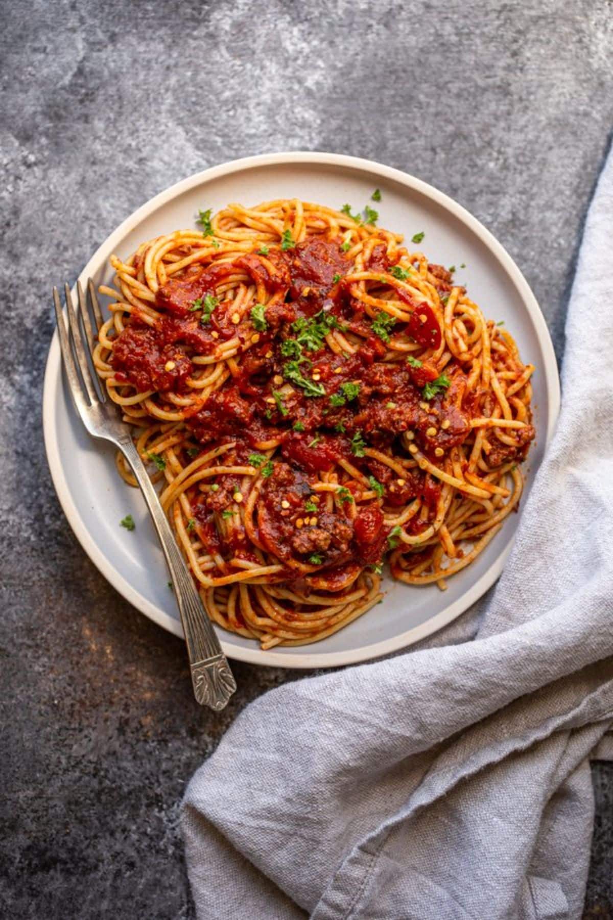 Juicy venison bolognese on a white plate with a fork.