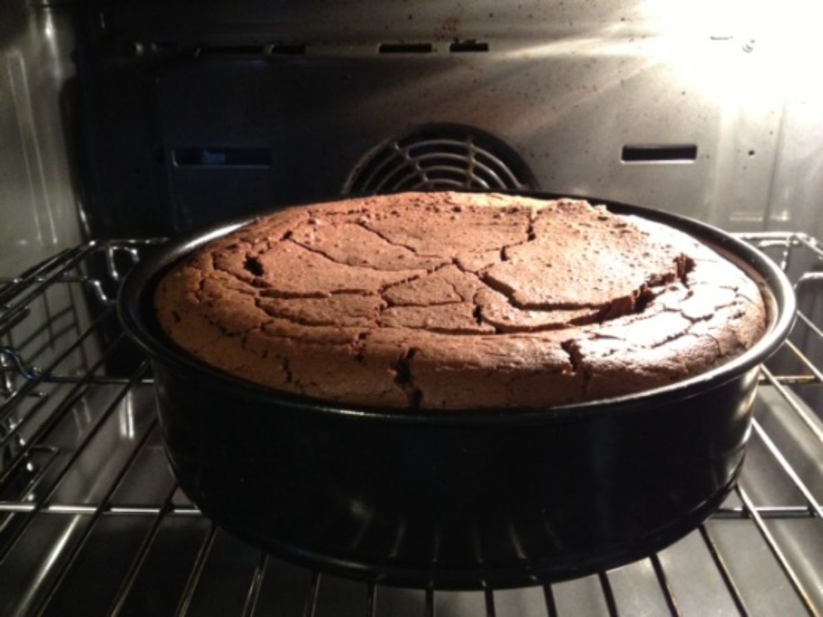 Flavorful chocolate chestnut cake in a baking tray.