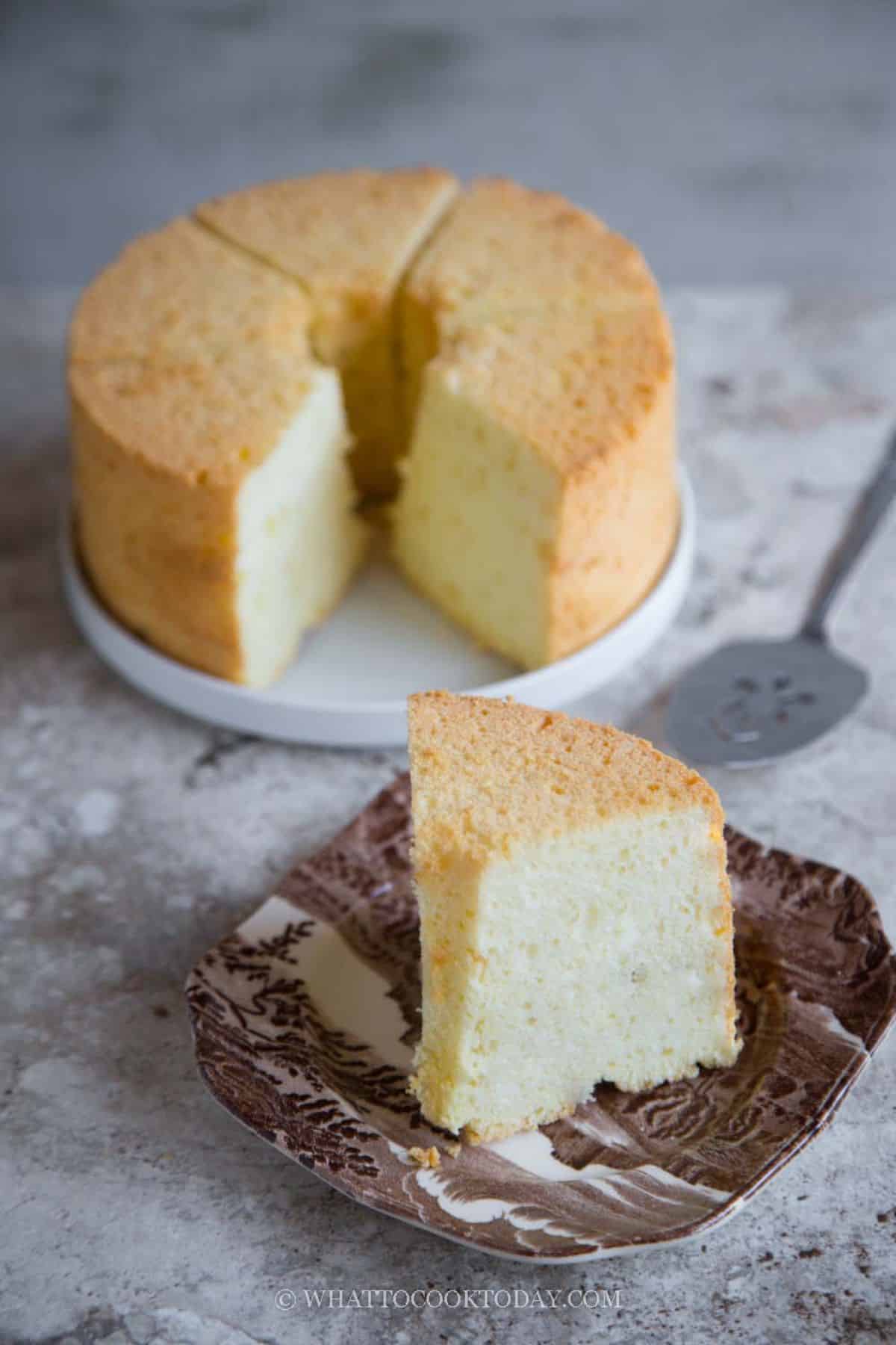 Tasteful soft and fluffy tofu chiffon cake on a tray, a piece of cake on a small plate.