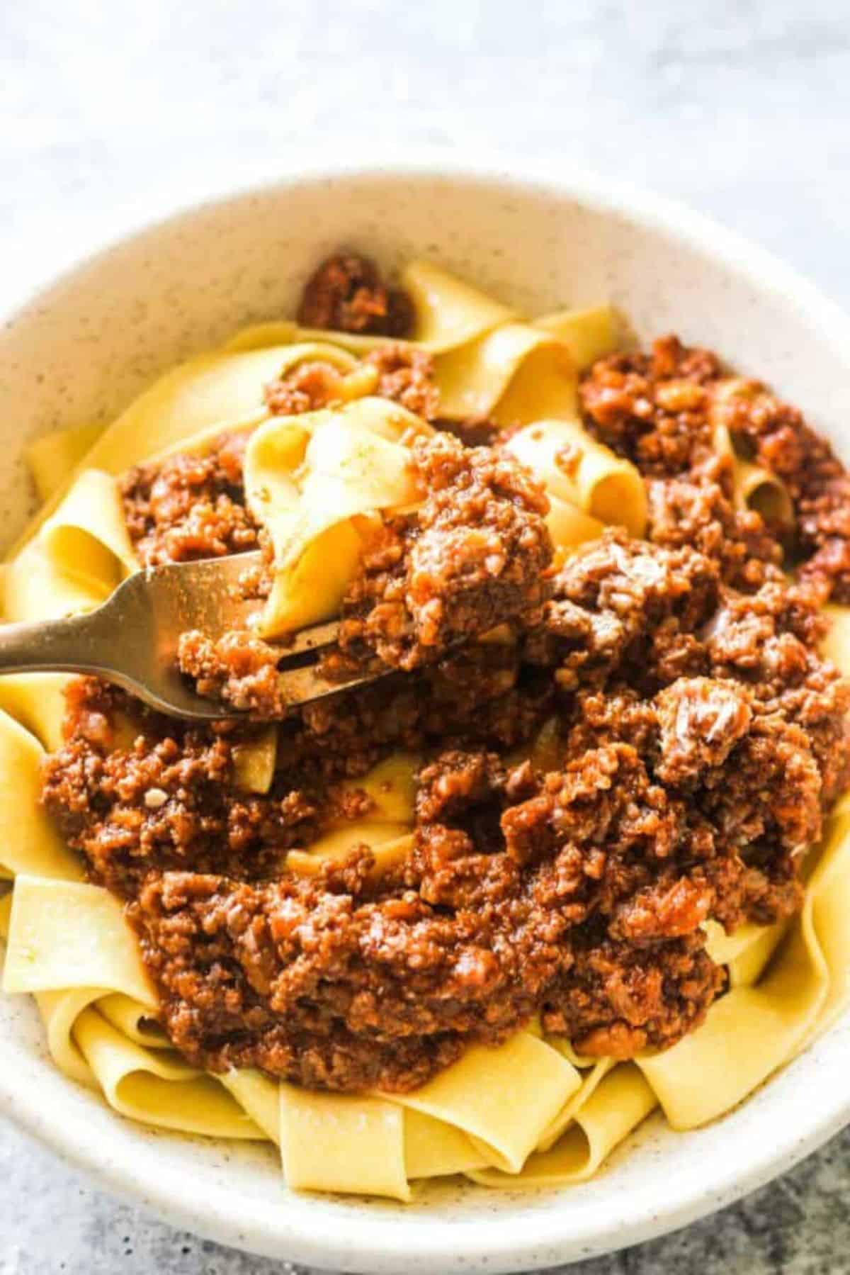 Delicious bison ragu in a bowl with a fork.