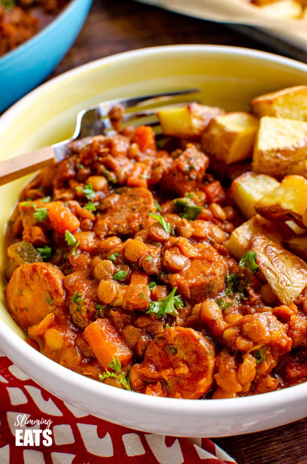 Delicious sausage and lentil in a bowl with a fork.