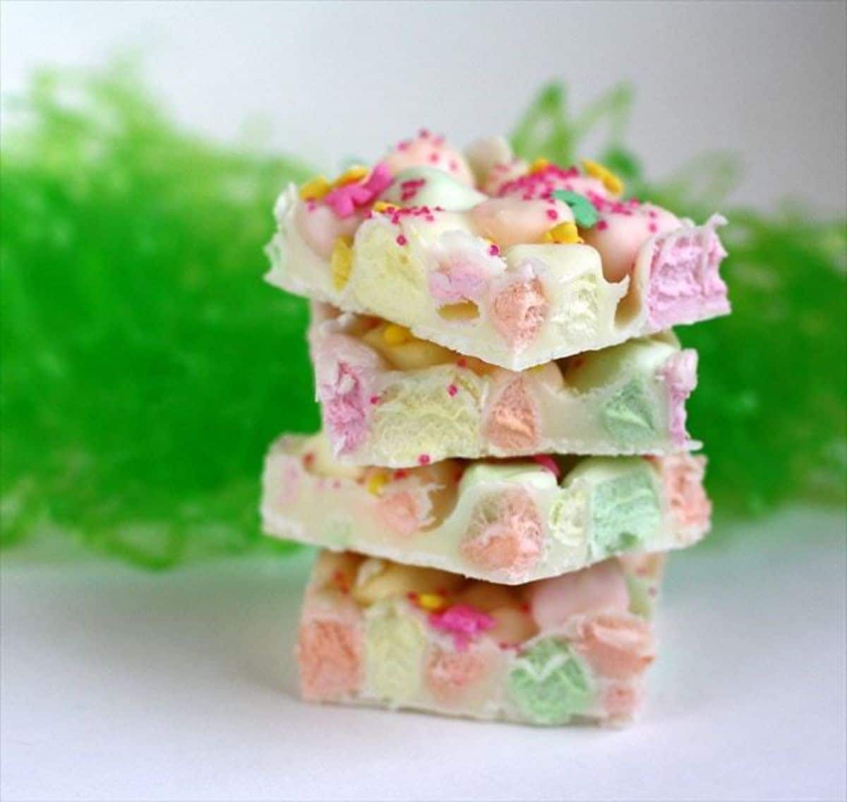 A pile of easy easter marshmallow dessert on a countertop.