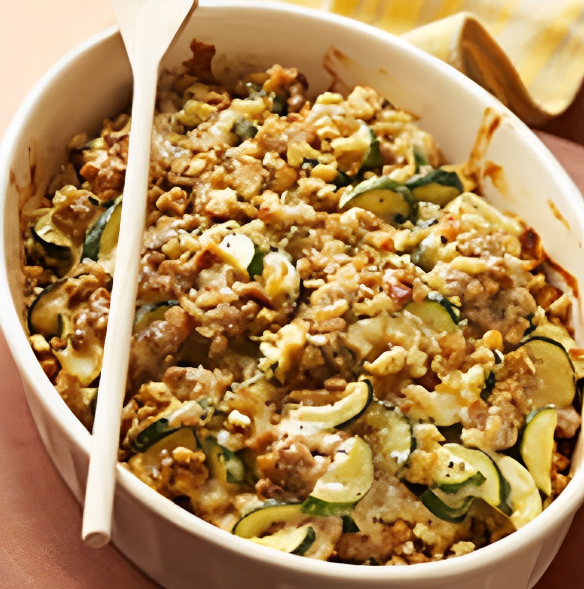 Flavorful italian zucchini & sausage in a white casserole with a wooden spoon.