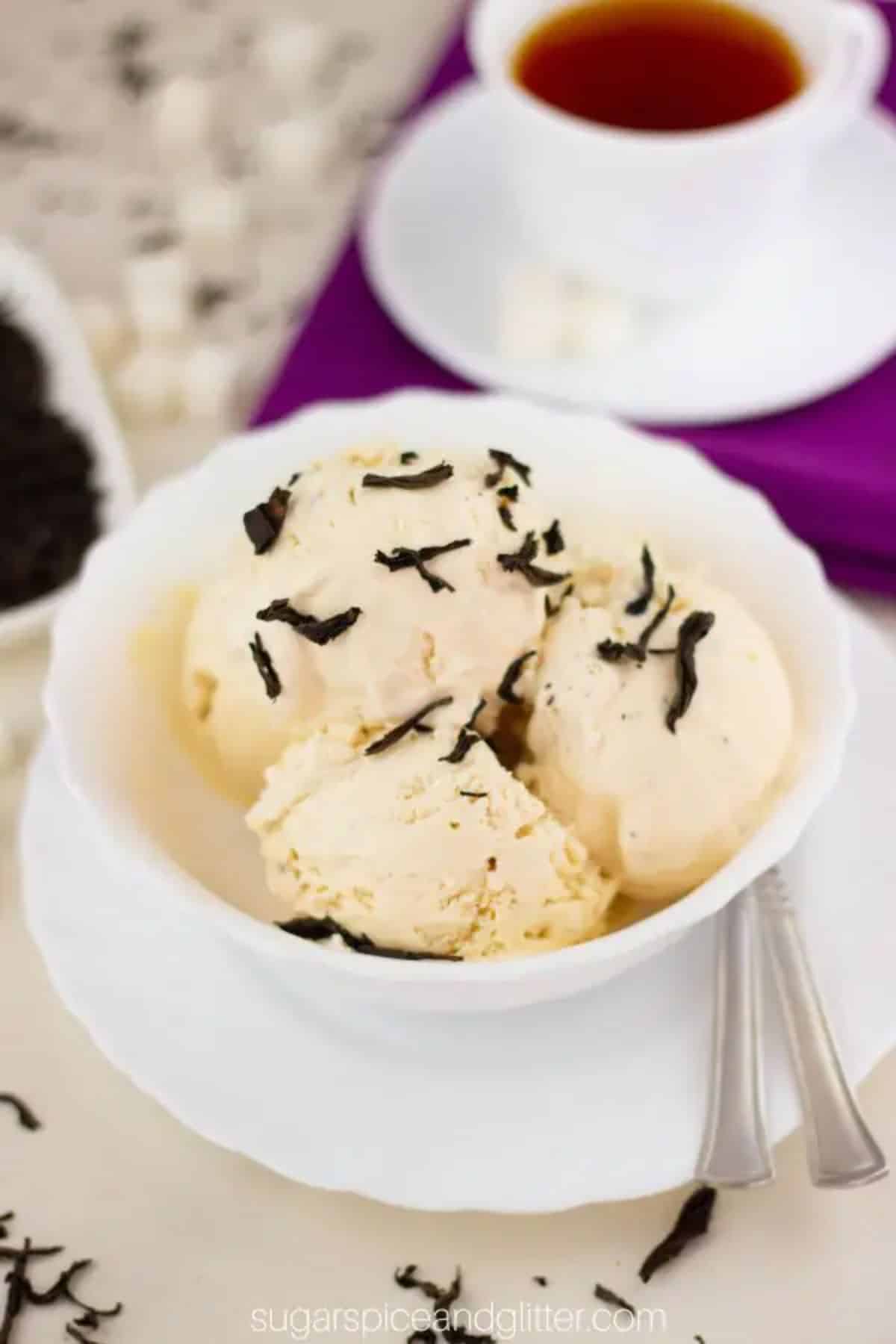 Fresh london fog ice cream in a white bowl.