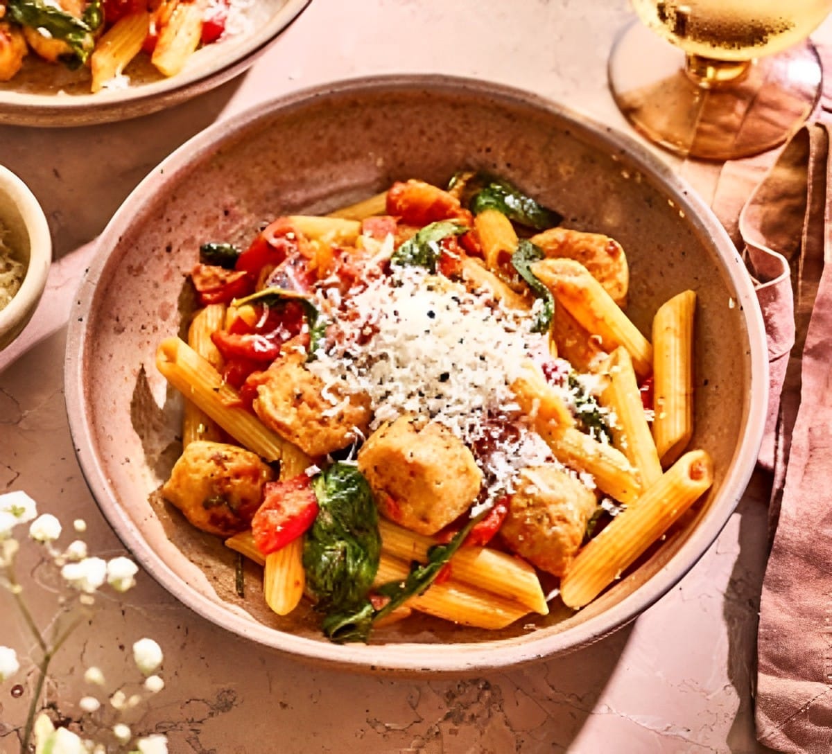 Flavorful chicken sausage pasta in a bowl.