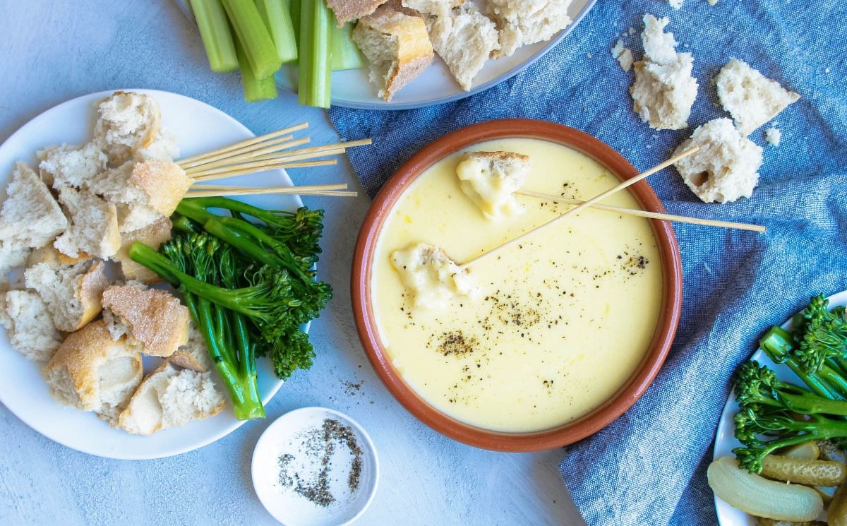 Delicious cheese fondue in a bowl.