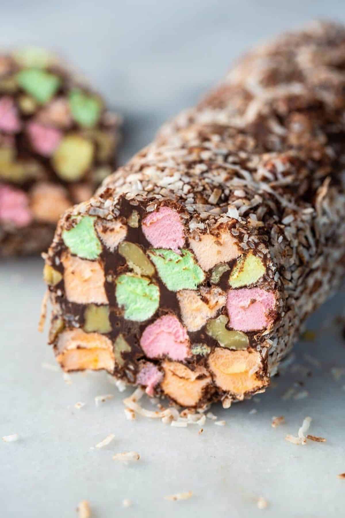 Scrumptious marshmallow yule log on a tray.