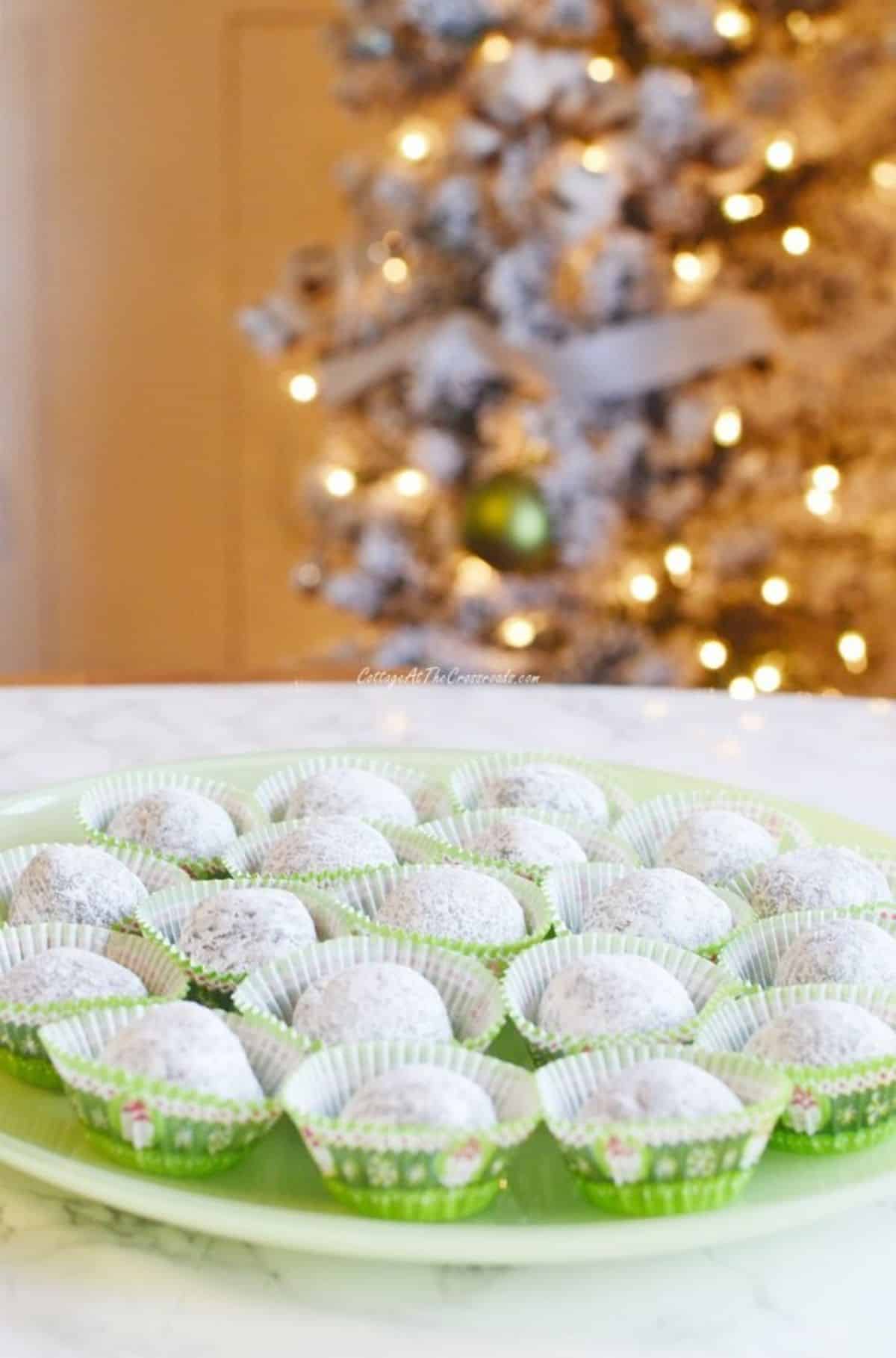 Tasteful mom’s rum balls on a tray.