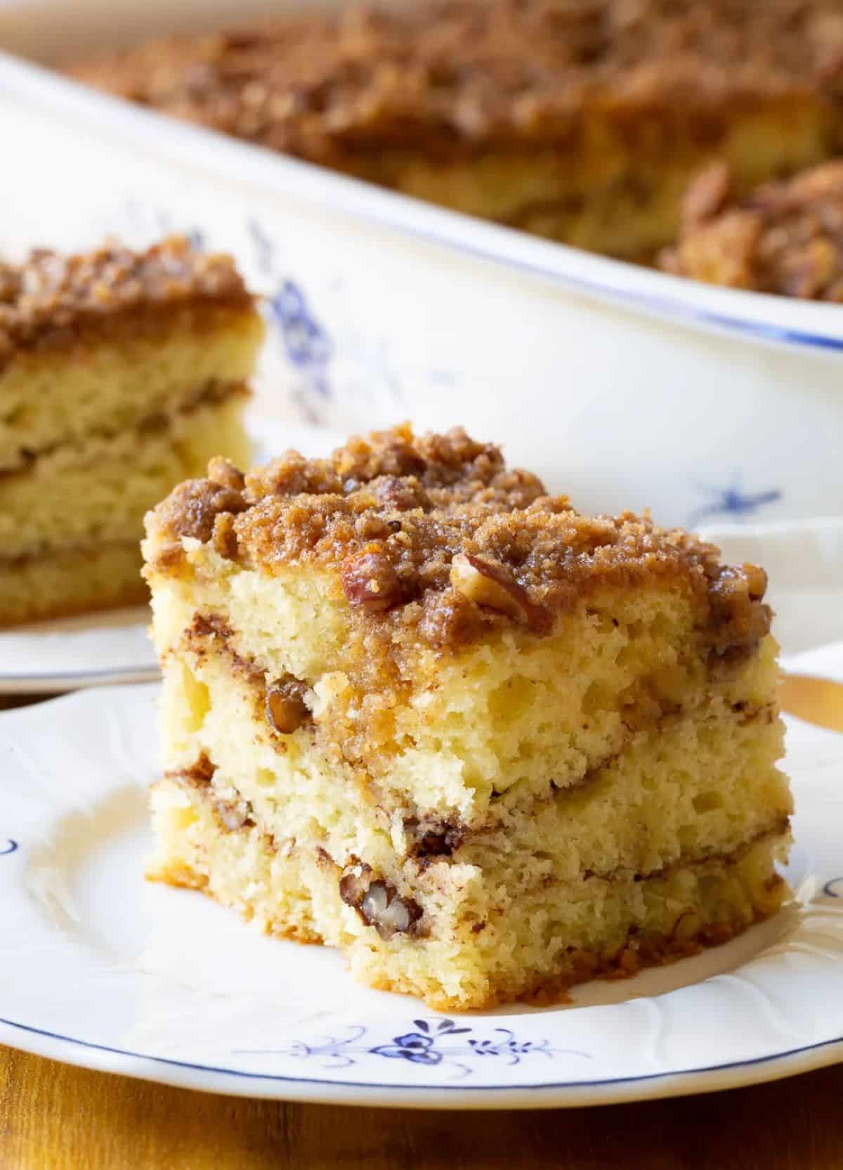 A piece of kahlua sour cream coffee cake on a plate.