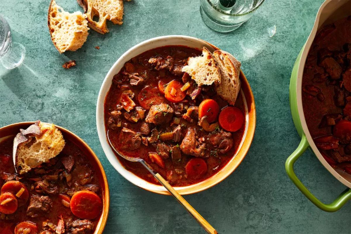 Juicy french venison stew in a bowl.