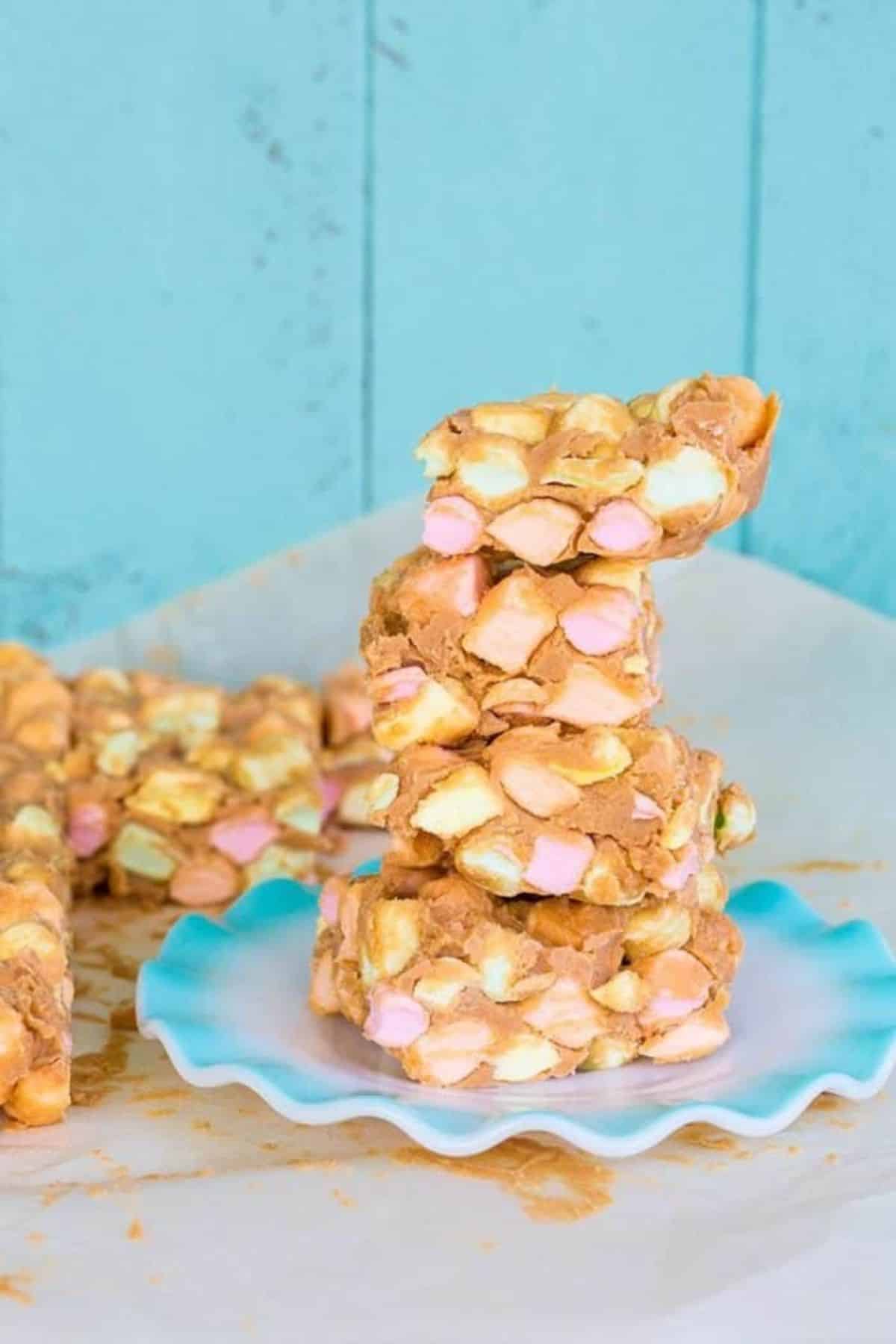 A pile of peanut butter marshmallow squares on a small plate.