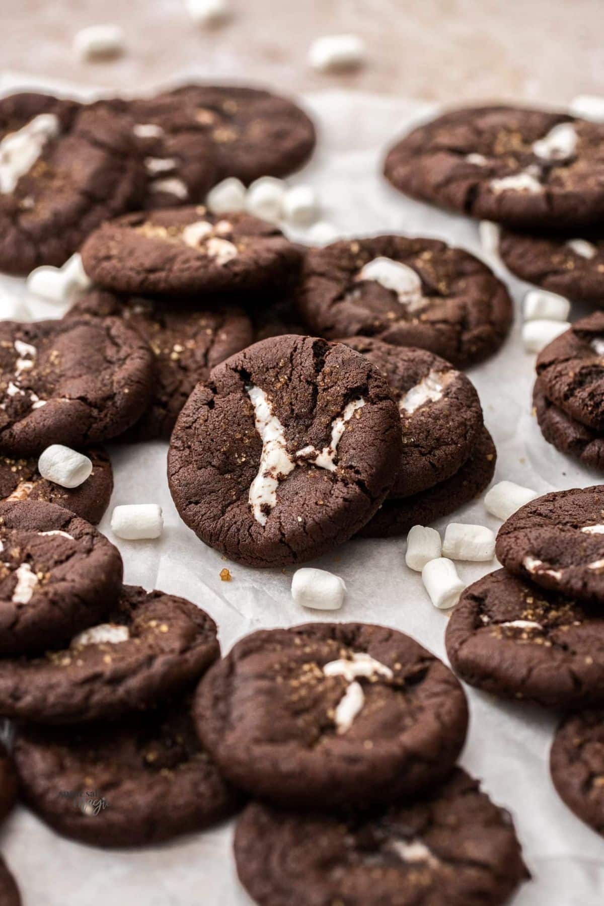 Scrumptious chocolate marshmallow cookies on a table.