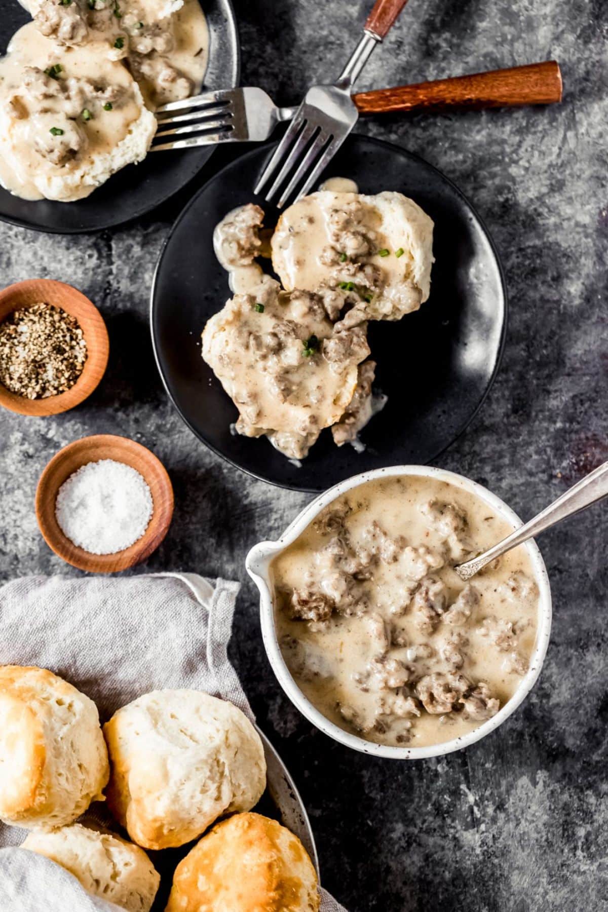 Juicy venison sausage gravy in a white bowl.