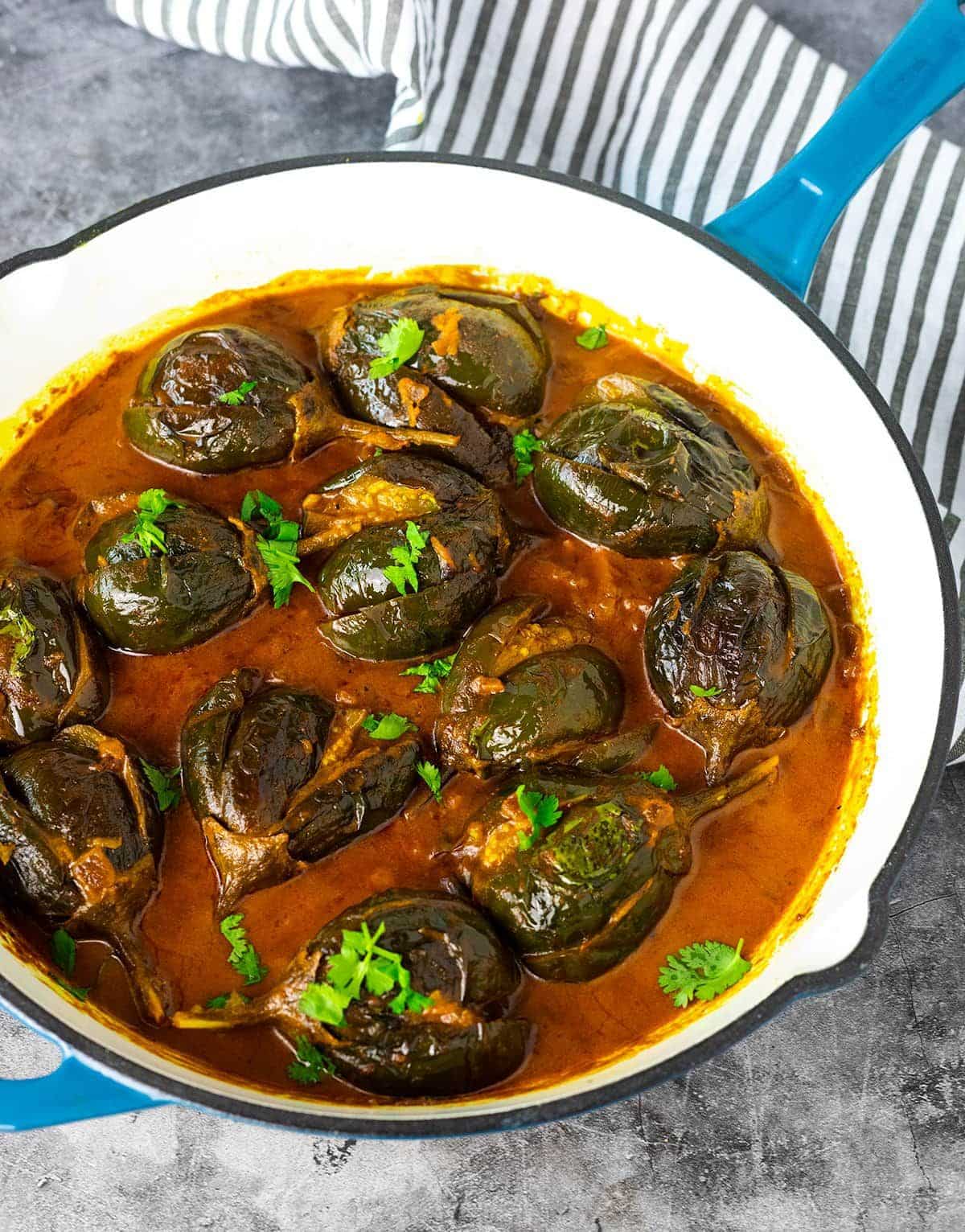 Delicious baby eggplant coconut curryin a bowl.