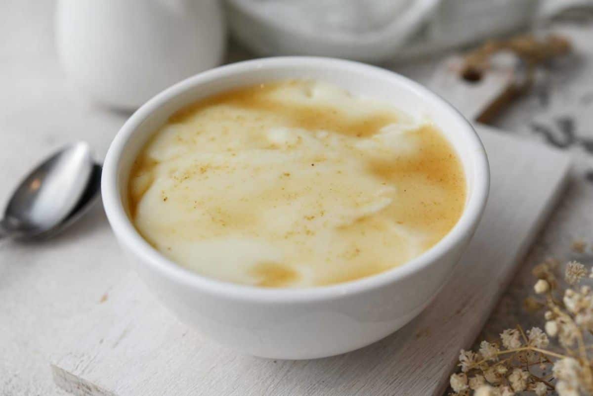 Creamy instant pot tofu pudding in a white bowl.