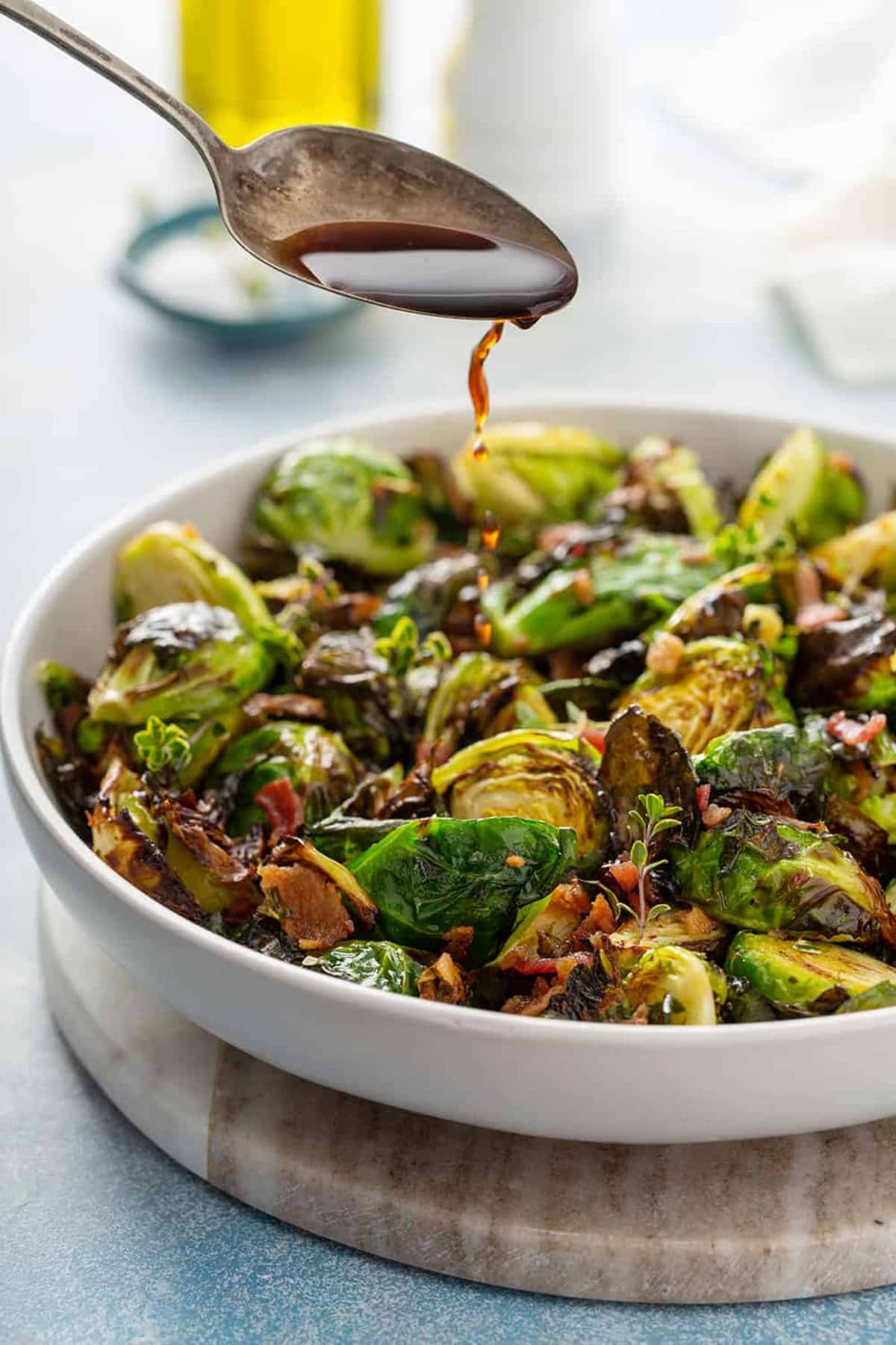 Air fryer brussels sprouts with bacon & balsamic