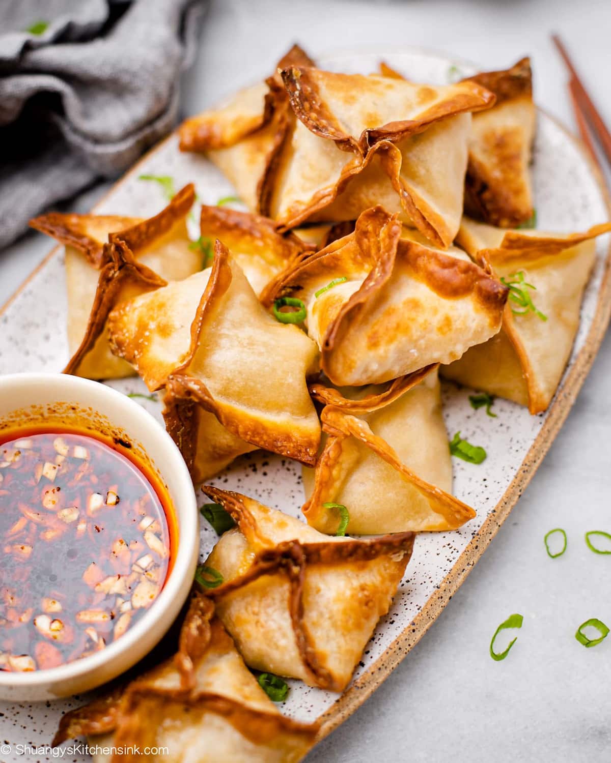 Air fryer crab rangoon with soy sauce dipping sauce