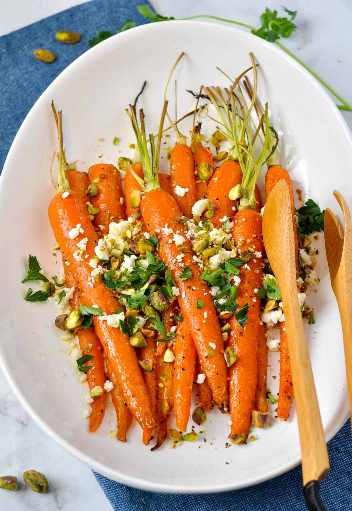 Air fryer roasted carrots with feta & pistachios