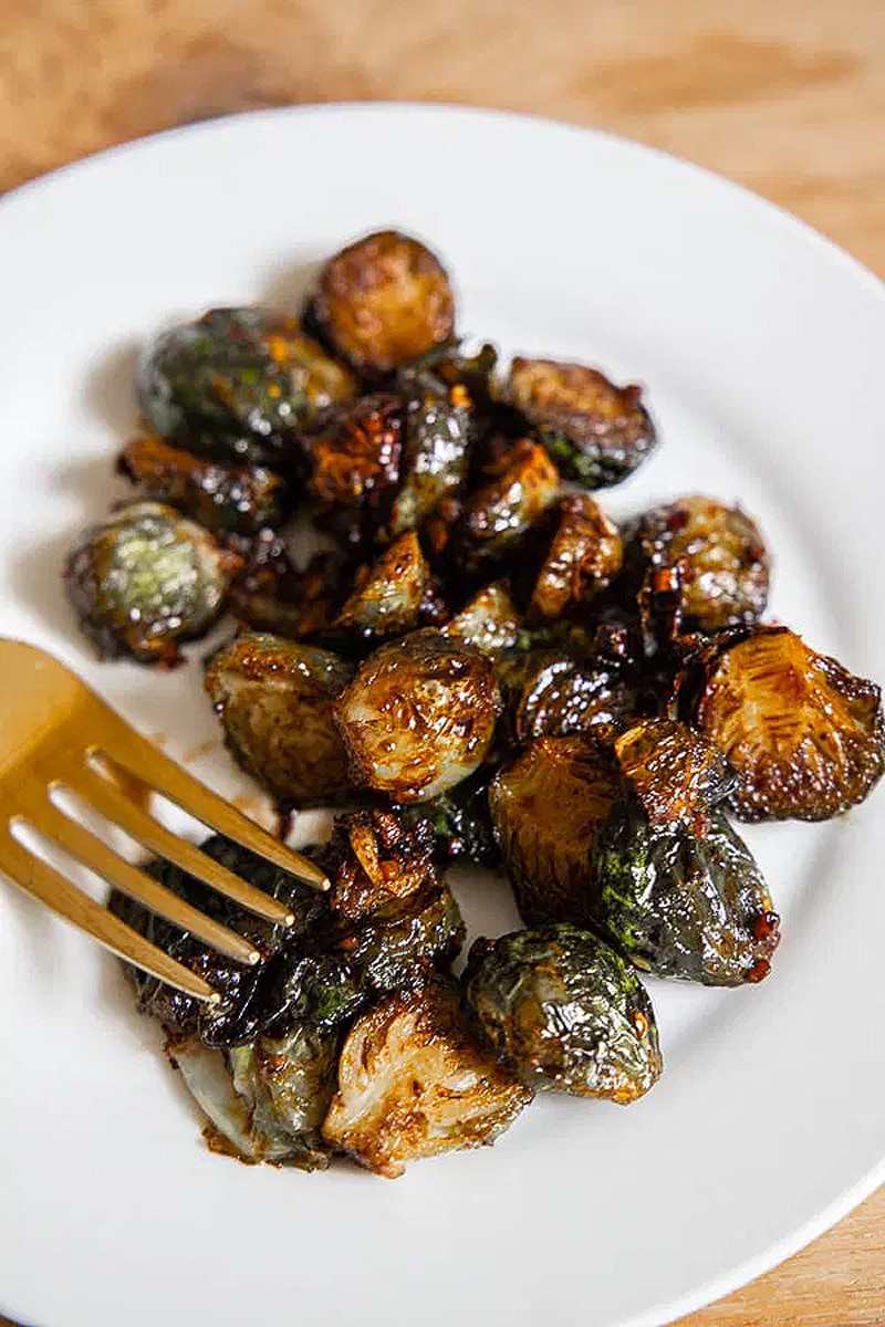 Air fryer roasted maple and balsamic brussel sprouts