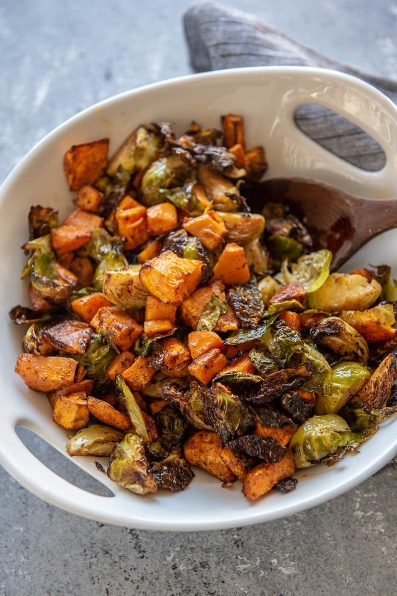 Air fryer sweet potatoes and brussels sprouts