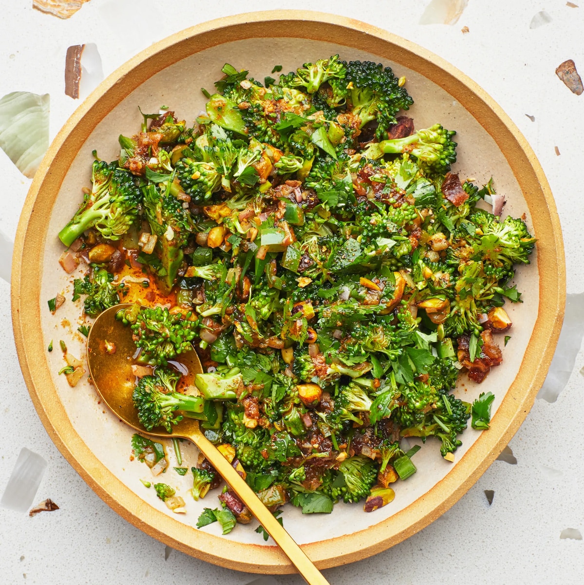 Broccoli spoon salad with warm vinaigrette