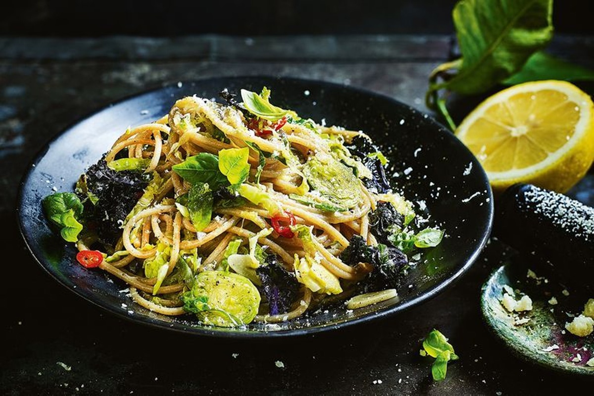Brussels sprout anchovy lemon & caper spaghetti