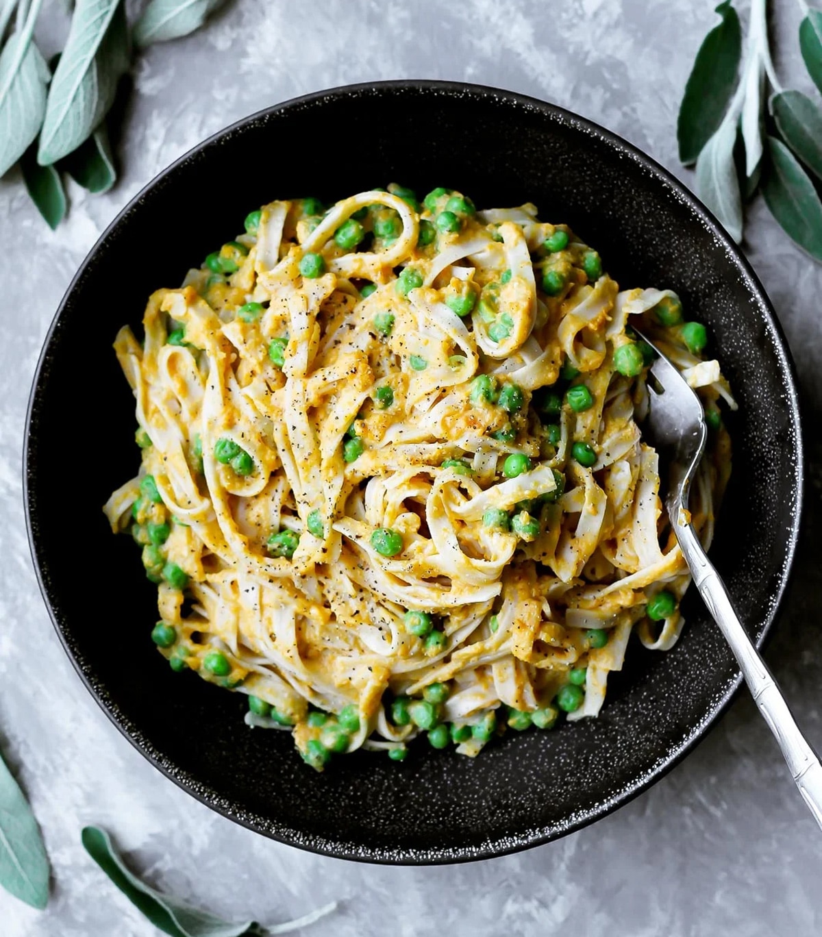 Creamy roasted butternut squash pasta with peas