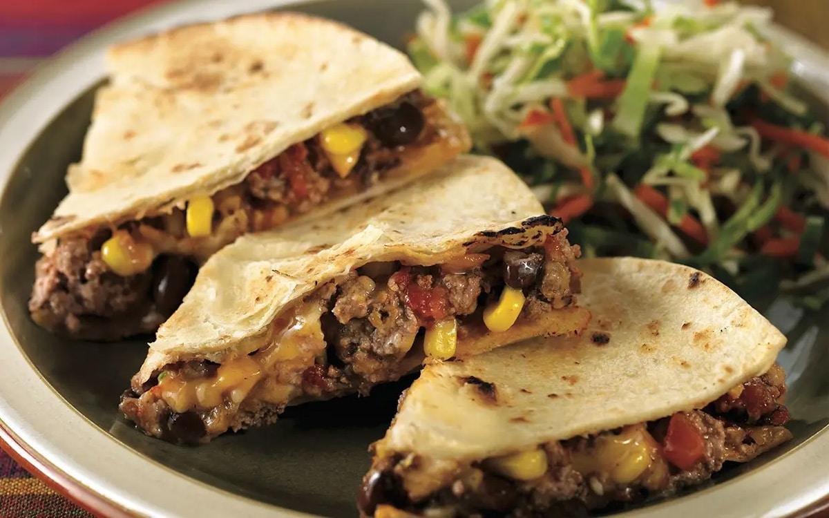 Easy baked beef bean and corn quesadillas