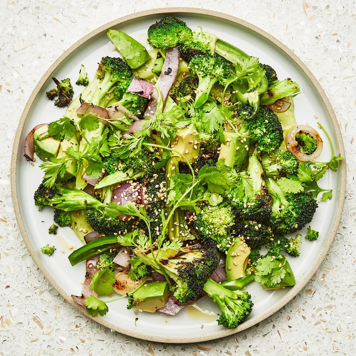 Grilled broccoli with avocado and sesame