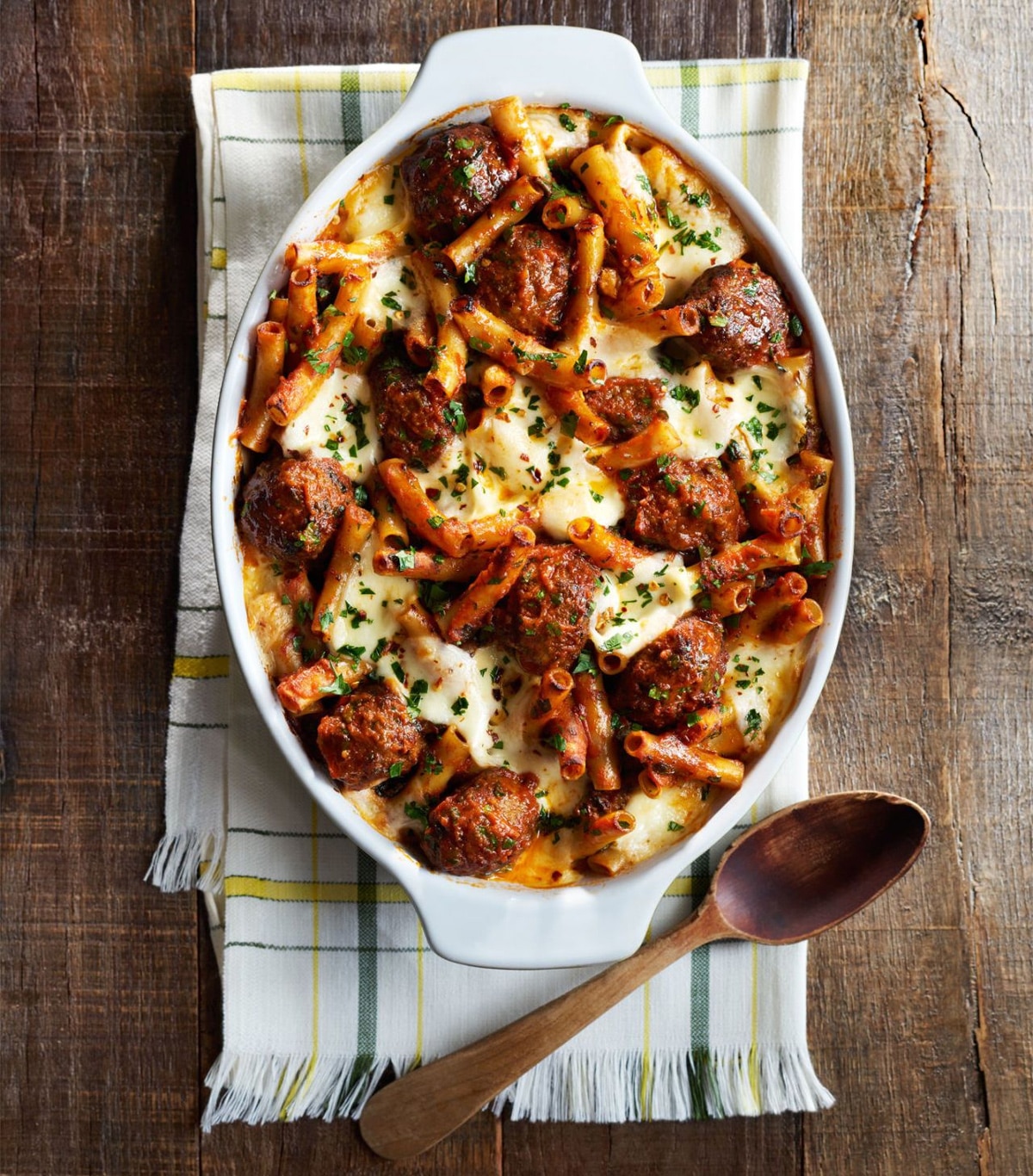 Meatball-and-spinach baked ziti