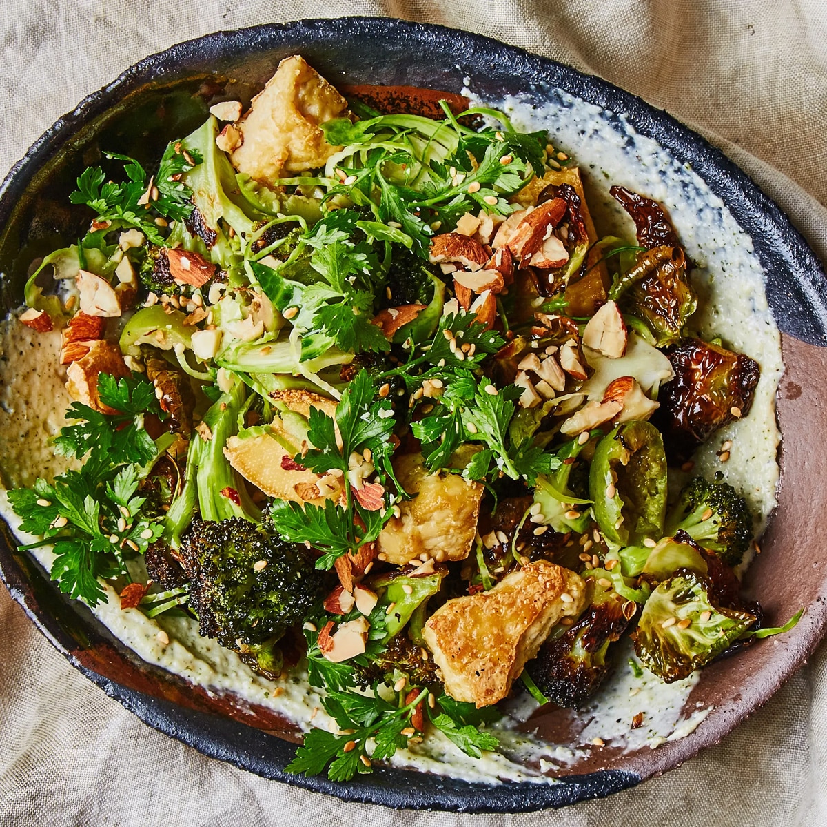 Roasted broccoli and tofu with creamy miso dressing
