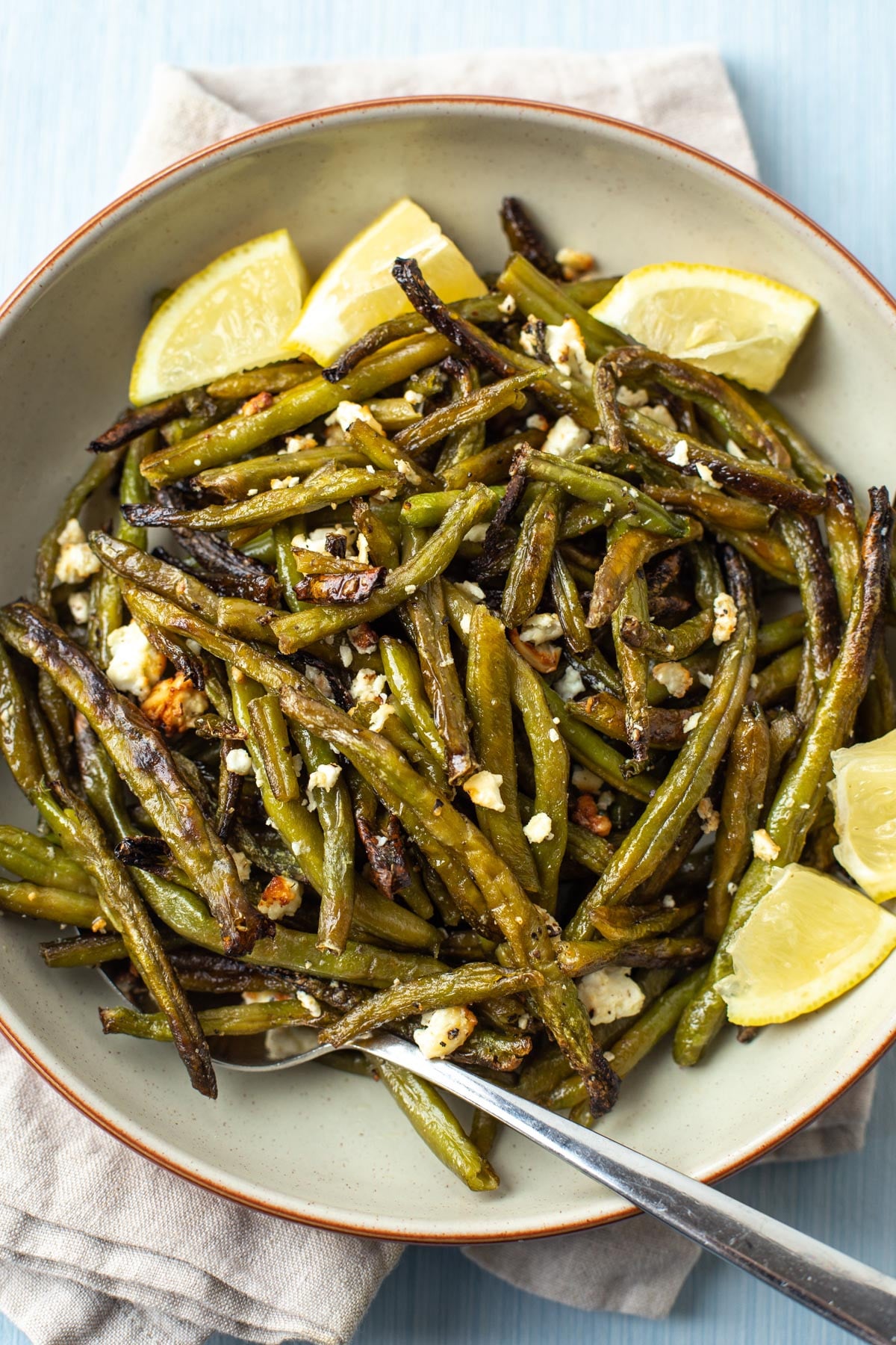 Roasted frozen green beans with feta and lemon