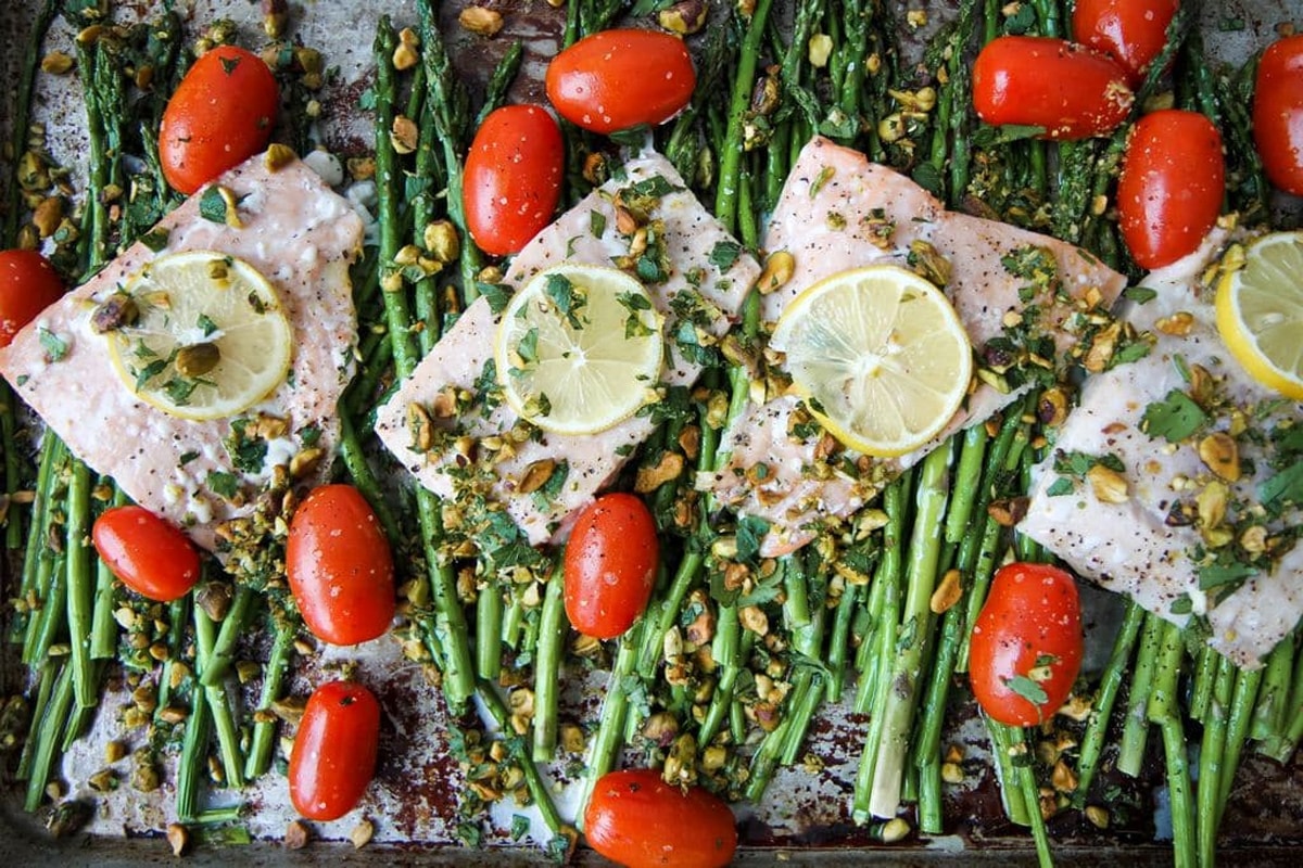 Roasted salmon and asparagus with pistachio gremolata