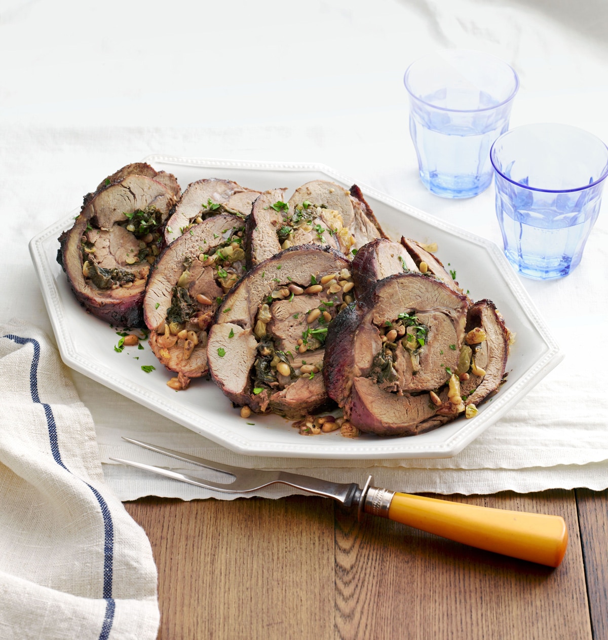 Spinach-and-pine-nut-stuffed leg of lamb