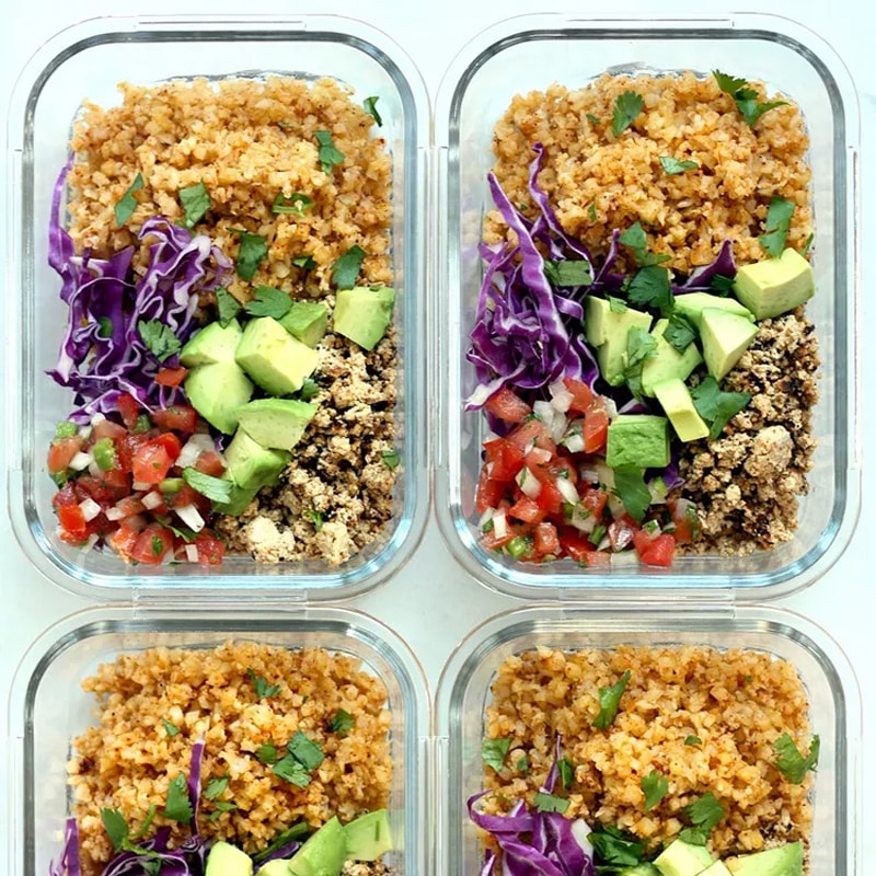 Vegan burrito bowls with cauliflower rice
