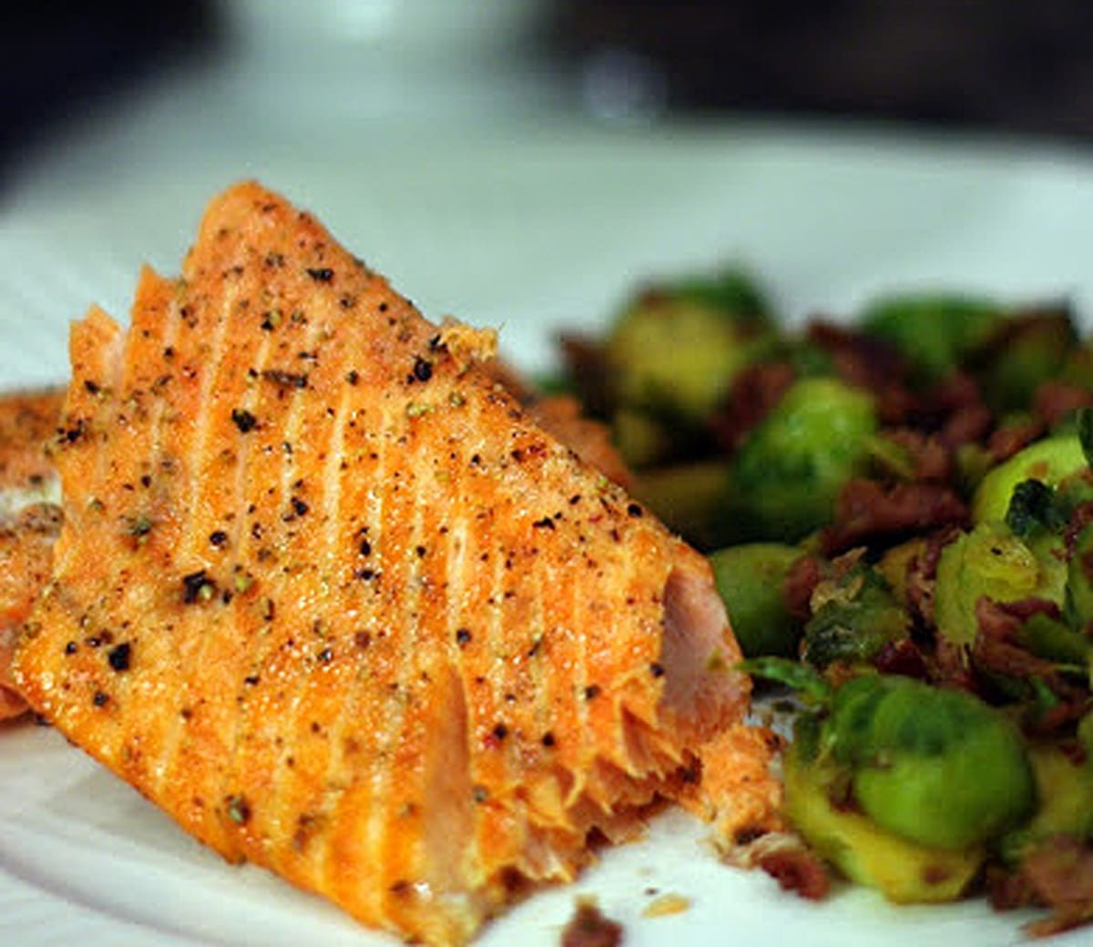 Wild alaskan sockeye salmon with prosciutto caramelized brussel sprouts