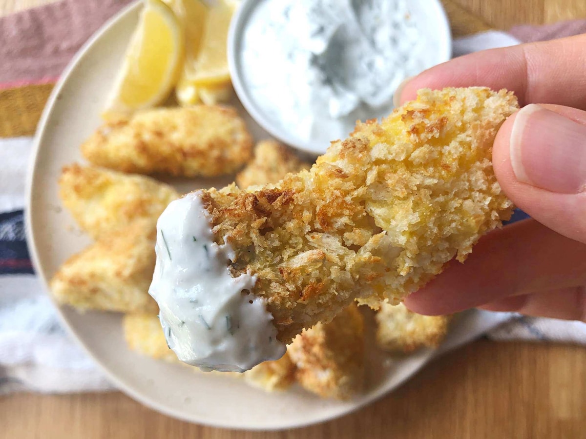 Air fried cod nuggets with lemon dill sauce