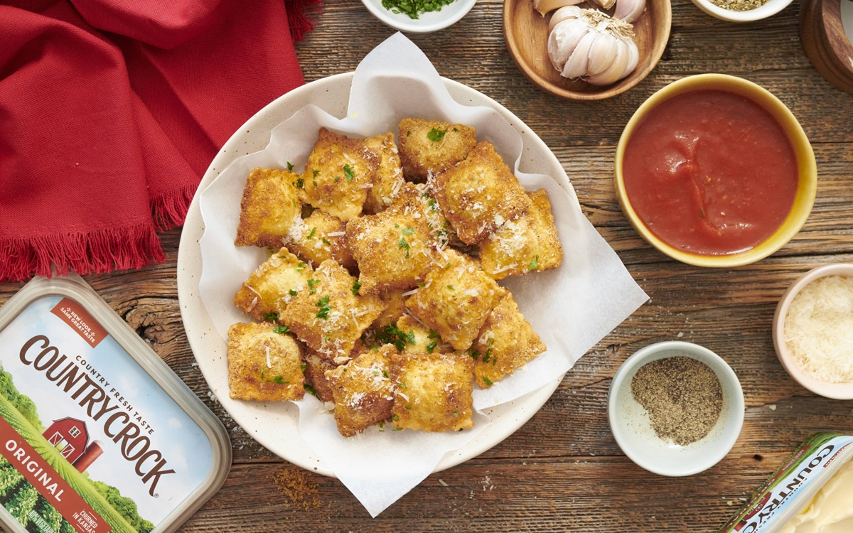 Air fried ravioli bites with garlic butter drizzle